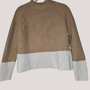Banana Republic Women's Ribbed Camel & White Raglan Sweater L Cotton/Nylon/Wool